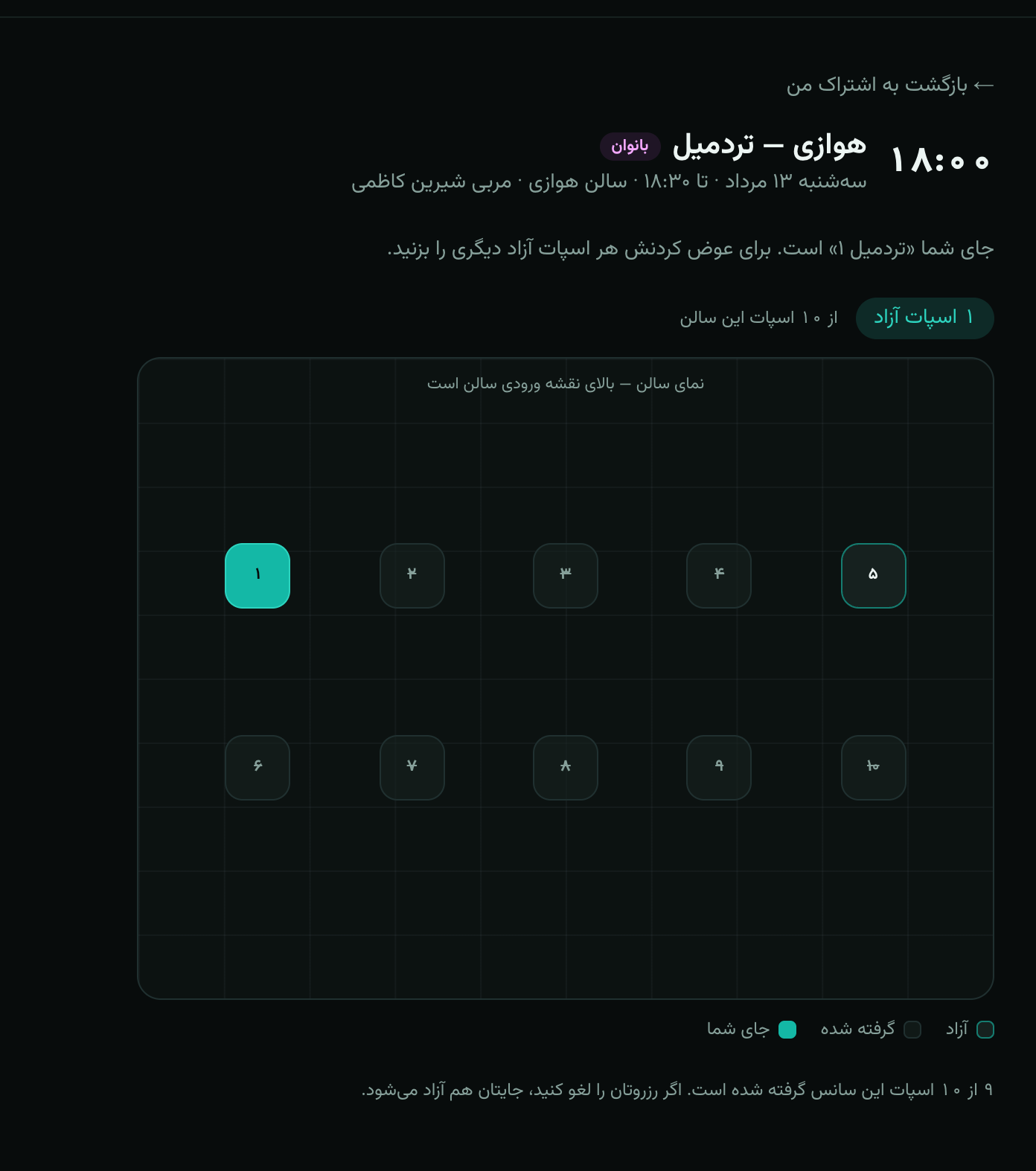 نقشهٔ سالن هوازی با ده تردمیل شماره‌دار و انتخاب جا توسط عضو